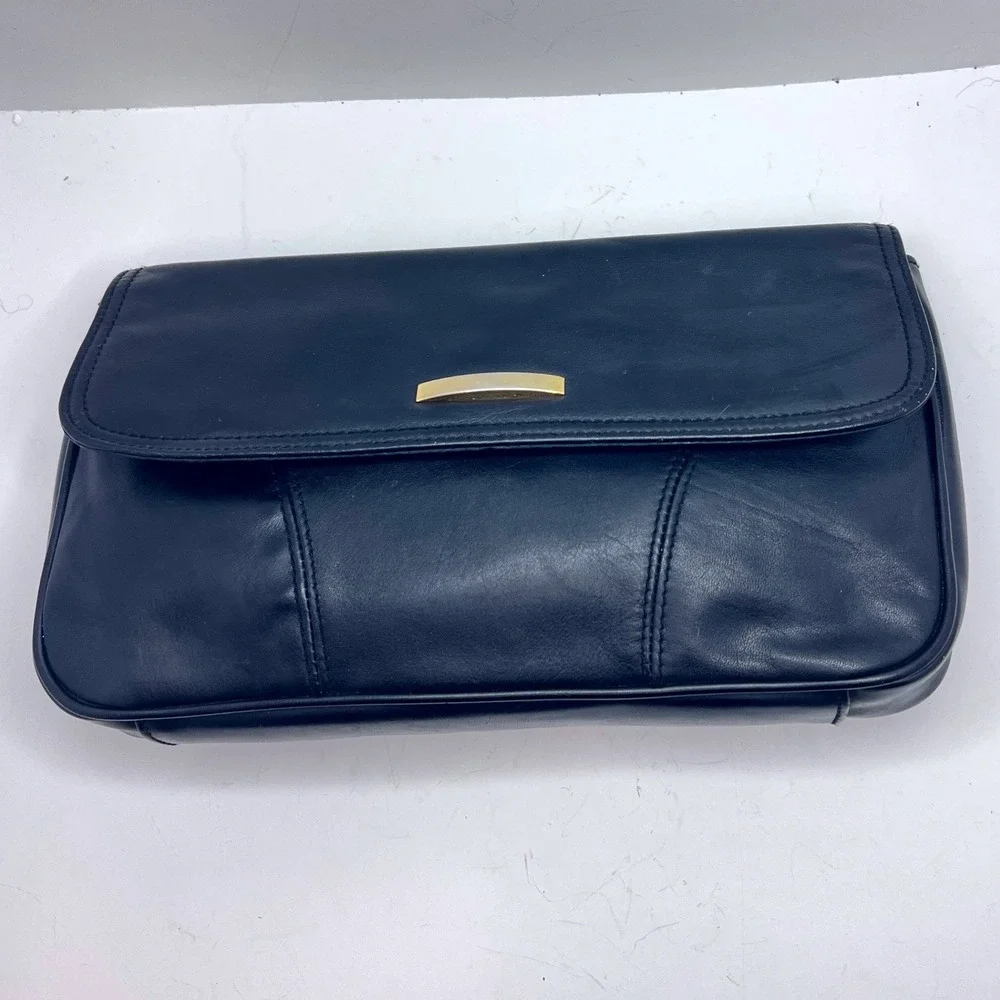 Cabin Creek Vintage Black Cowhide Leather Clutch Bag Gold Hardware 90s‎ Style